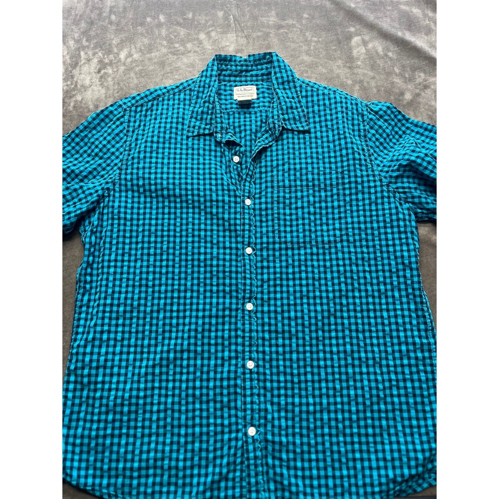 L.L.Bean Men's Blue Black Gingham Plaid Short Sleeve Button Up‎ Shirt L REG